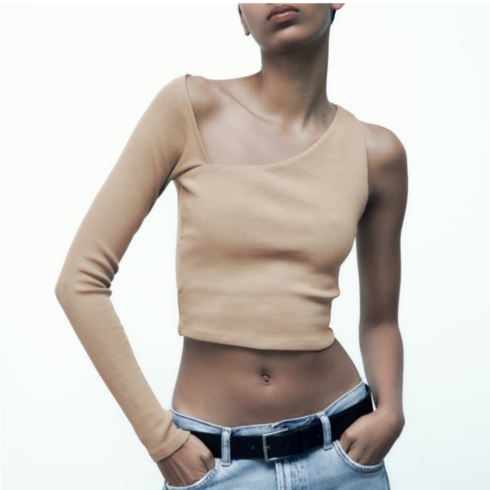 Zara asymmetrical tan long sleeve cropped top size medium